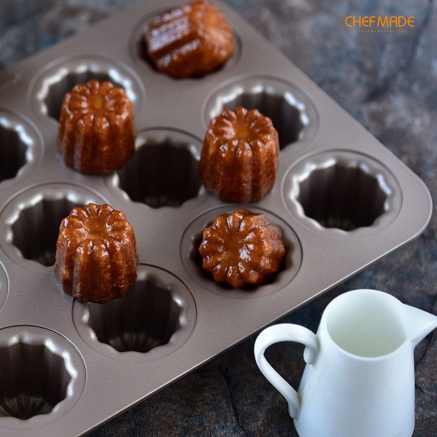 CHEFMADE Non-Stick Canele Mold Cake Pan - 12-Cavity Bakeware for Muffins and Cupcakes, Oven Safe in Champagne Gold