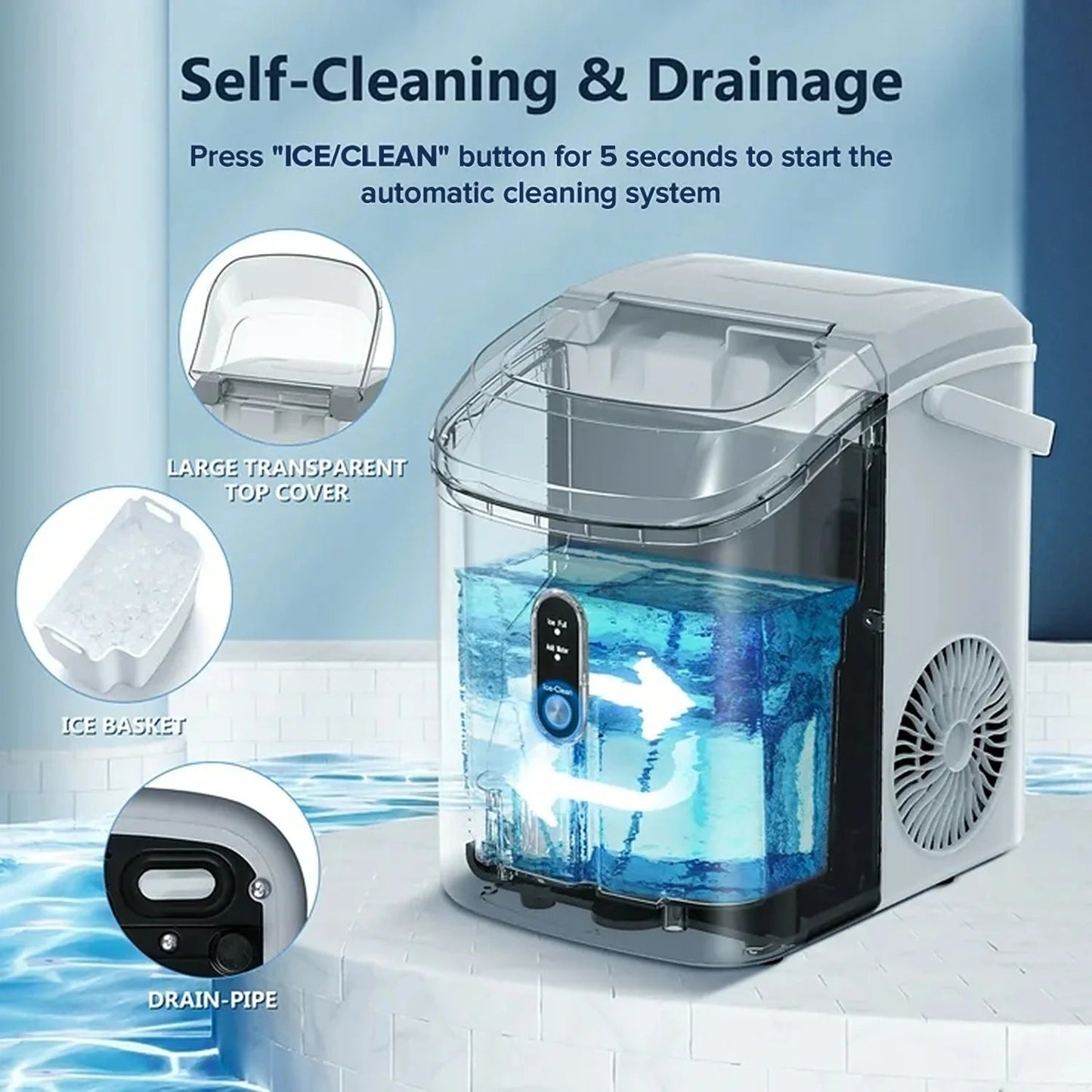 Auseo Countertop Nugget Ice Maker - 35 lbs/24 hrs, Self-Cleaning with Ice Basket, Shovel, and Handle - Ideal for Home, Office, and Parties - Gray
