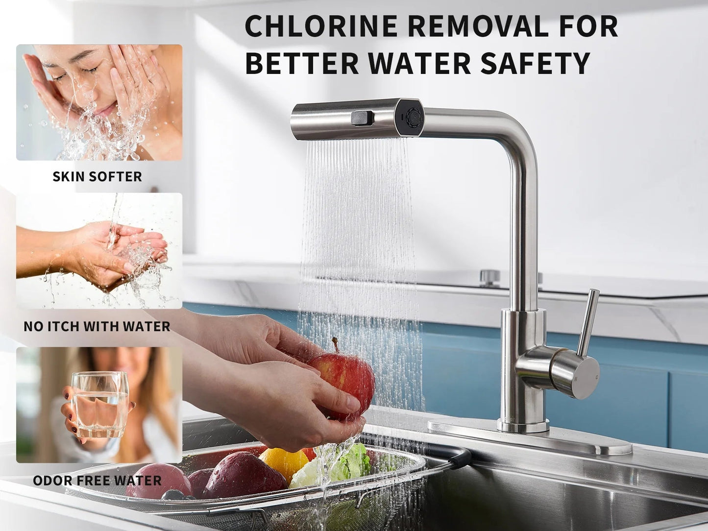 Stylish Waterfall Faucet with Pull Down Sprayer and Three Function Modes for Enhanced Kitchen Convenience