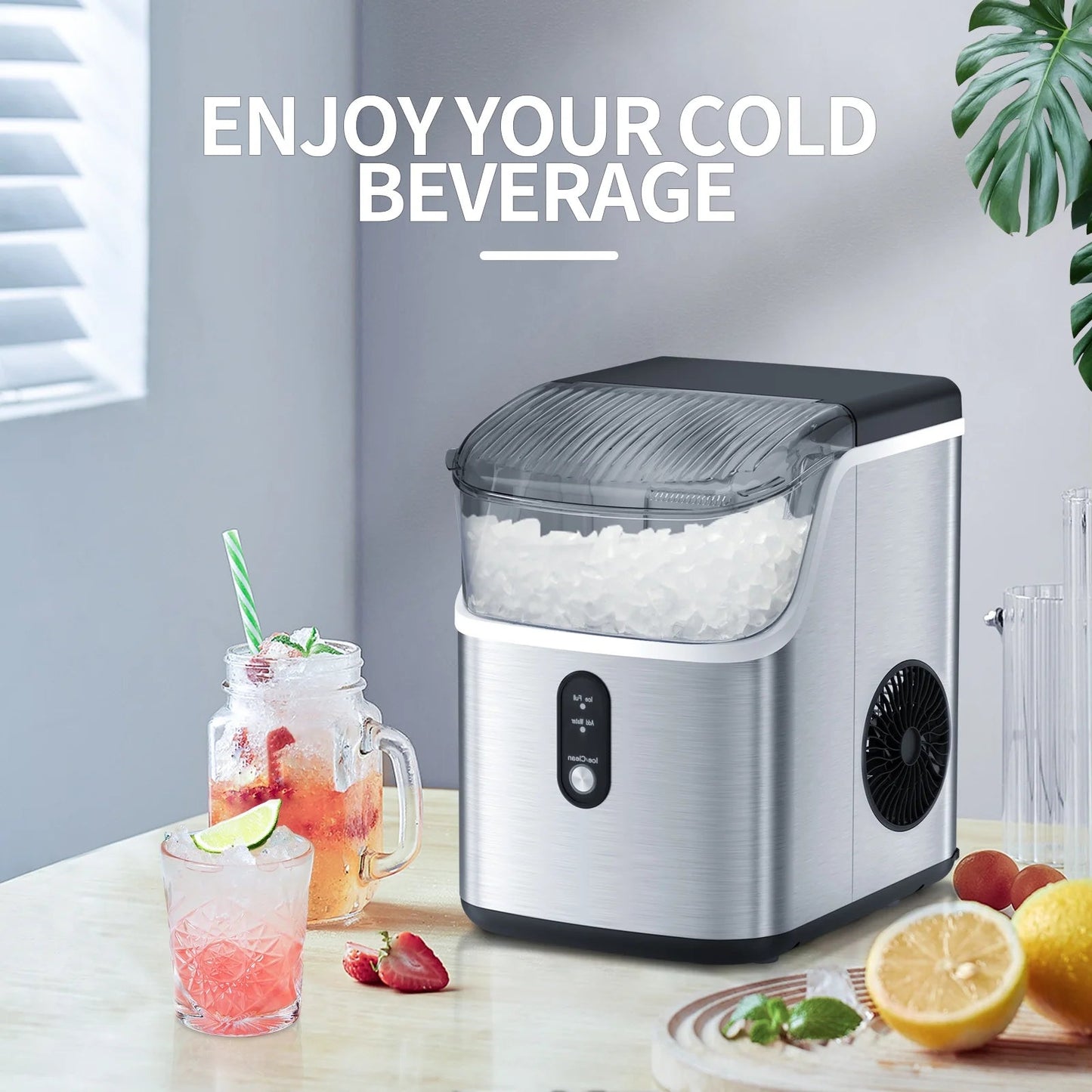 Auseo Portable Nugget Ice Maker - Countertop Stainless Steel Machine with Self-Cleaning Function, Producing 35 lbs of Ice per Day for Home, Kitchen, and Office Use