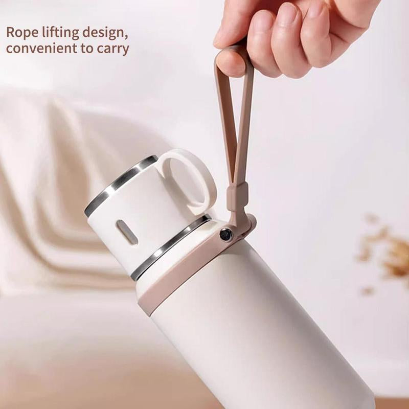 Stainless Steel Vacuum Flask, 1 Count Tea Separation Insulated Bottle with Cup Lid & Rope, Drinking Cup for Outdoor, Cycling, Hiking, Office