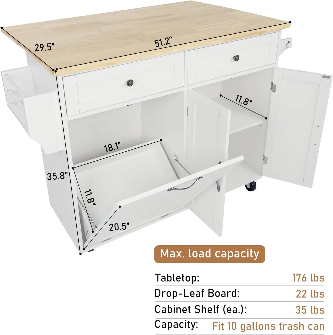 ANPOO Rolling Kitchen Island with Drop Leaf, Tilt Out Kitchen Trash Cabinet 10 Gallon Storage, Kitchen Cart Island with Rubber Wood Top, Spice Rack and Drawers(White)