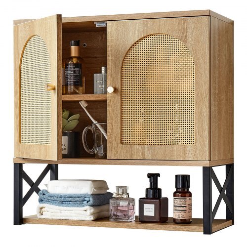 Bathroom Wall Cabinet, with 2 Doors and Adjustable Shelf, Over the Toilet Storage Medicine Cabinet Wall Mounted, Hanging Organizer with Shelves & Open Partition for Laundry Room Kitchen Restroom
