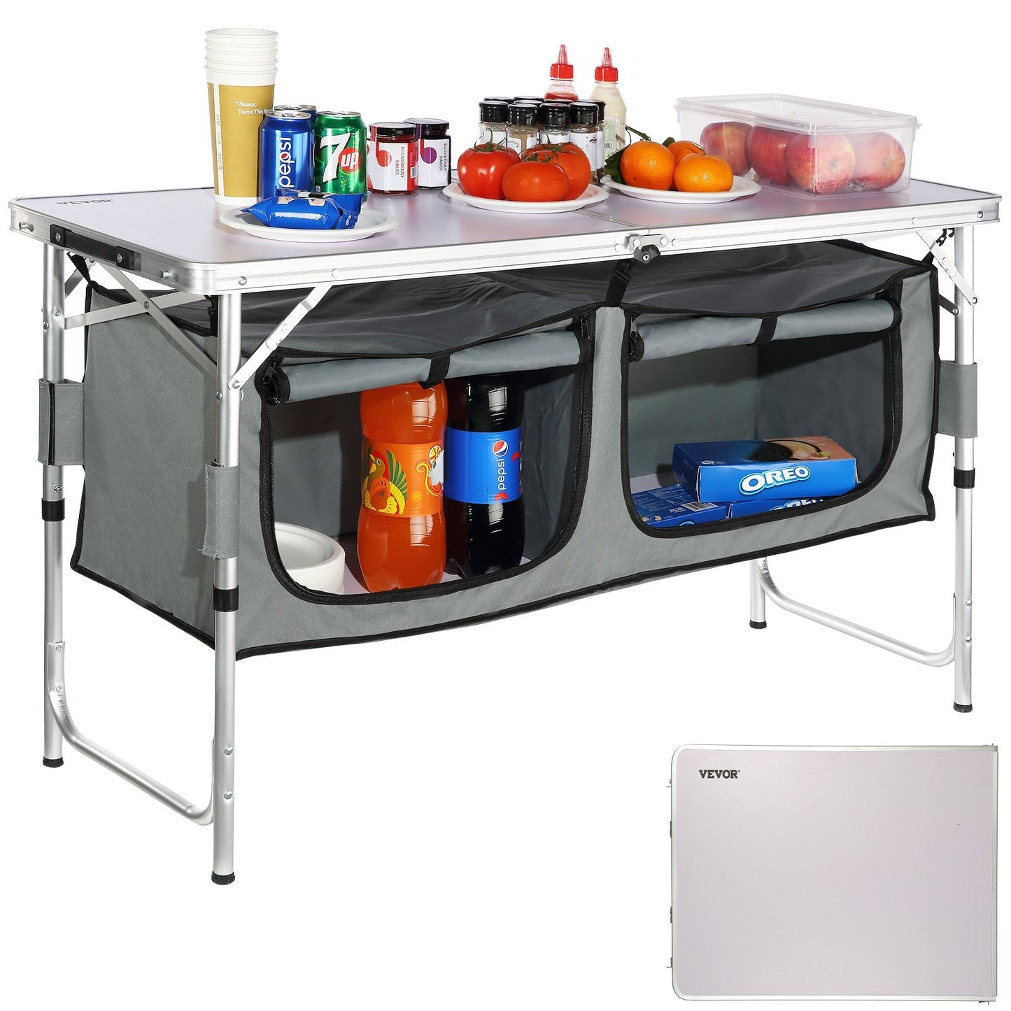 Camping Kitchen Table, Quick set-up Folding Camping Table with A Carrying Bag, 3 Adjustable Heights, MDF Camping Table, Ideal for Outdoor Picnics, BBQs, Camping, RV Traveling