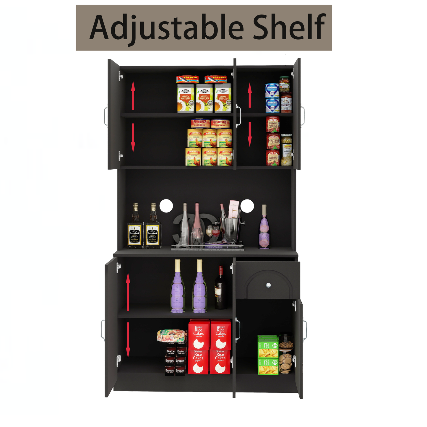 71" Kitchen Pantry Storage Cabinet with Microwave Oven Countertop - Modern Design, Ample Storage Space - Freestanding Hutch Cabinet, Adjustable Shelves, 6 Doors and 1 Drawer-Black