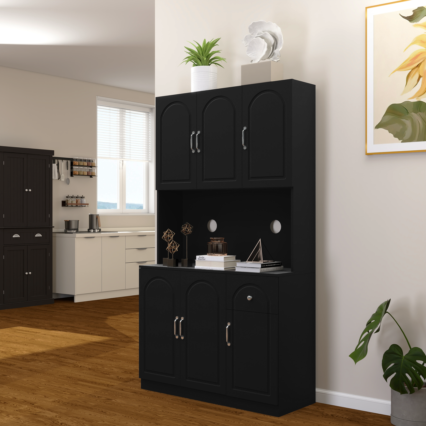 71" Kitchen Pantry Storage Cabinet with Microwave Oven Countertop - Modern Design, Ample Storage Space - Freestanding Hutch Cabinet, Adjustable Shelves, 6 Doors and 1 Drawer-Black