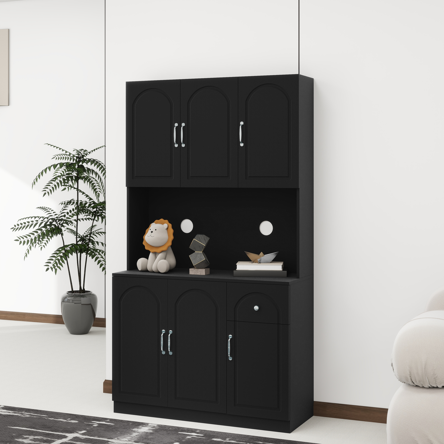 71" Kitchen Pantry Storage Cabinet with Microwave Oven Countertop - Modern Design, Ample Storage Space - Freestanding Hutch Cabinet, Adjustable Shelves, 6 Doors and 1 Drawer-Black