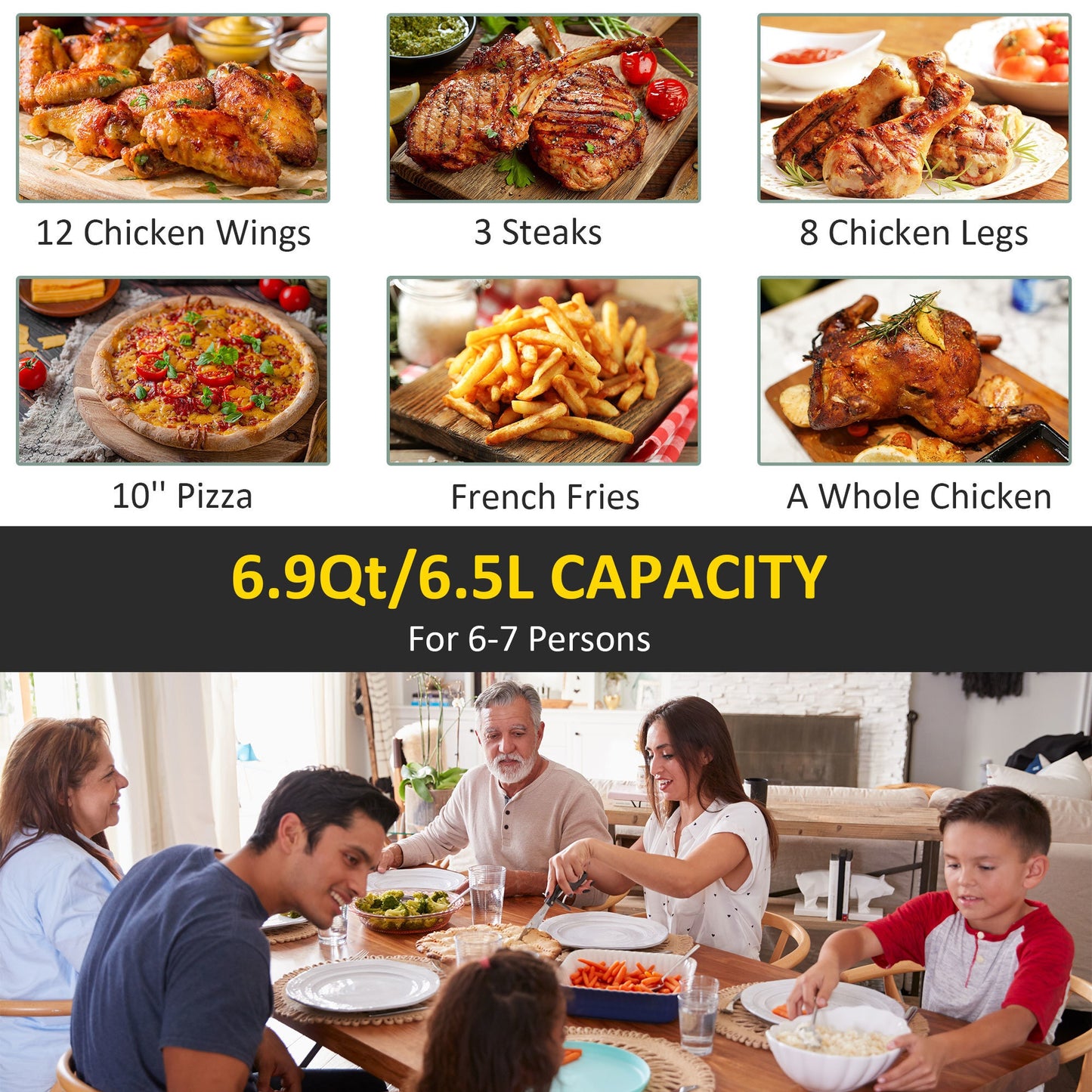 Air Fryer, 1700W 6.9 Quart Digital Display Oven | 360° Air Circulation | Adjustable Temperature and Timer | Nonstick Basket for Oil Less or Low Fat Cooking | Black