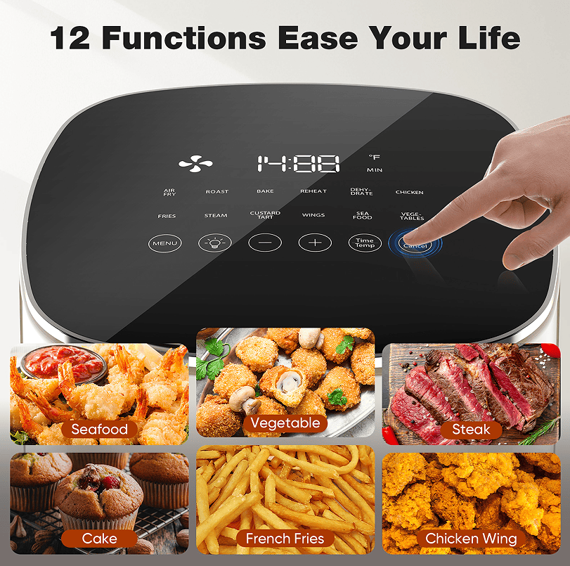 W2201P241267 6L Smart Oil-Free Steamer Air Fryer - 12-in-1 Air Roast, Fry, Reheat, Dehydrate - Low-Fat Cooking - 1700W Electric Oven - Non-Stick Cooker