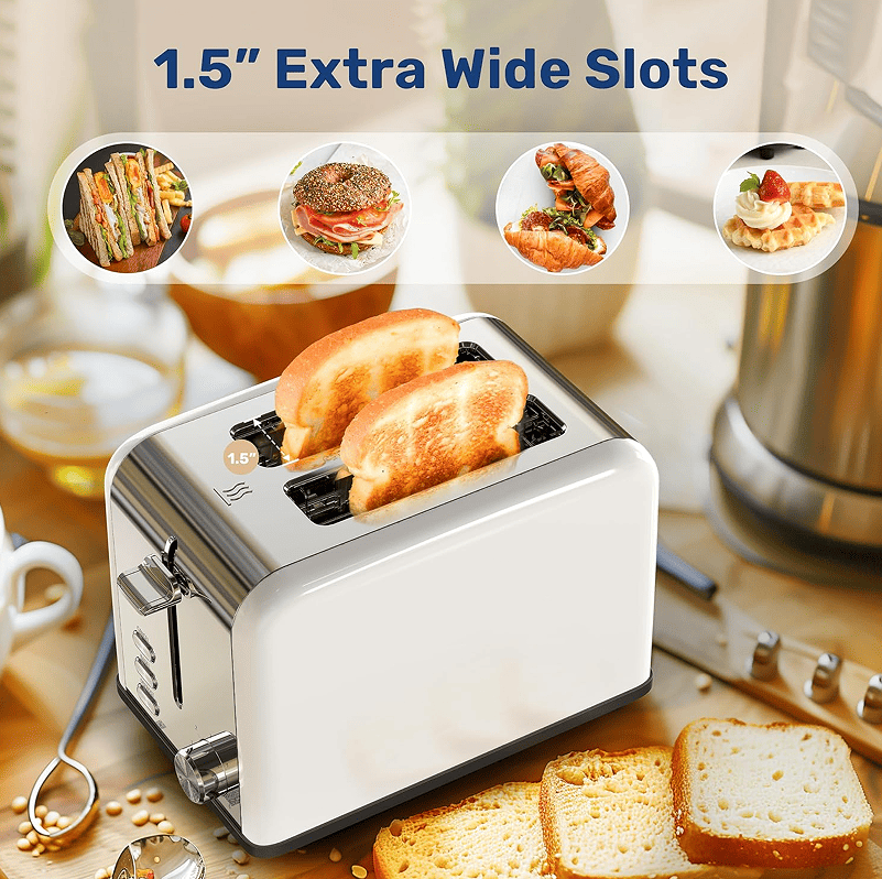 W1134P237563 White Multi-Earth Oven 2-Piece Toaster - Ultra-Wide Slot, 6 Browning Settings | Stylish High Lift Bars | Retro Stainless Steel Design