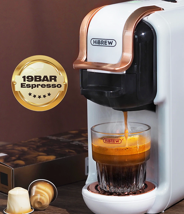 5-in-1 Automatic Espresso Machine with Water Level Line | 19Bar Hot and Cold Extract | French Mocha & Italian Coffee | 600L Water Tank | Touch Sense | 1450W | Kcup & Nespresso Capsule Compatible