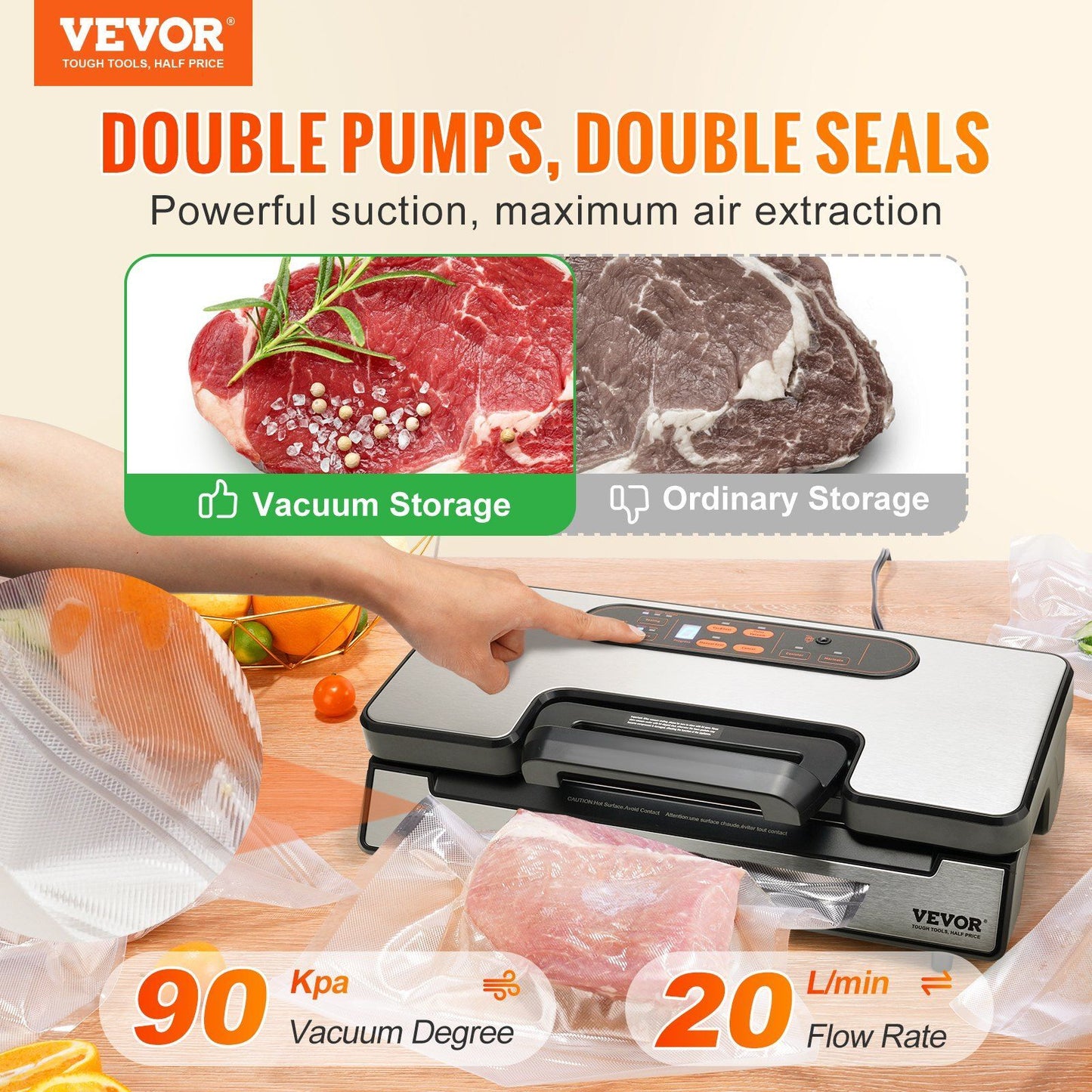 VEVOR Vacuum Sealer Machine - 90Kpa Dual Pump and Dual Sealing - Keep Food Fresh and Save Money