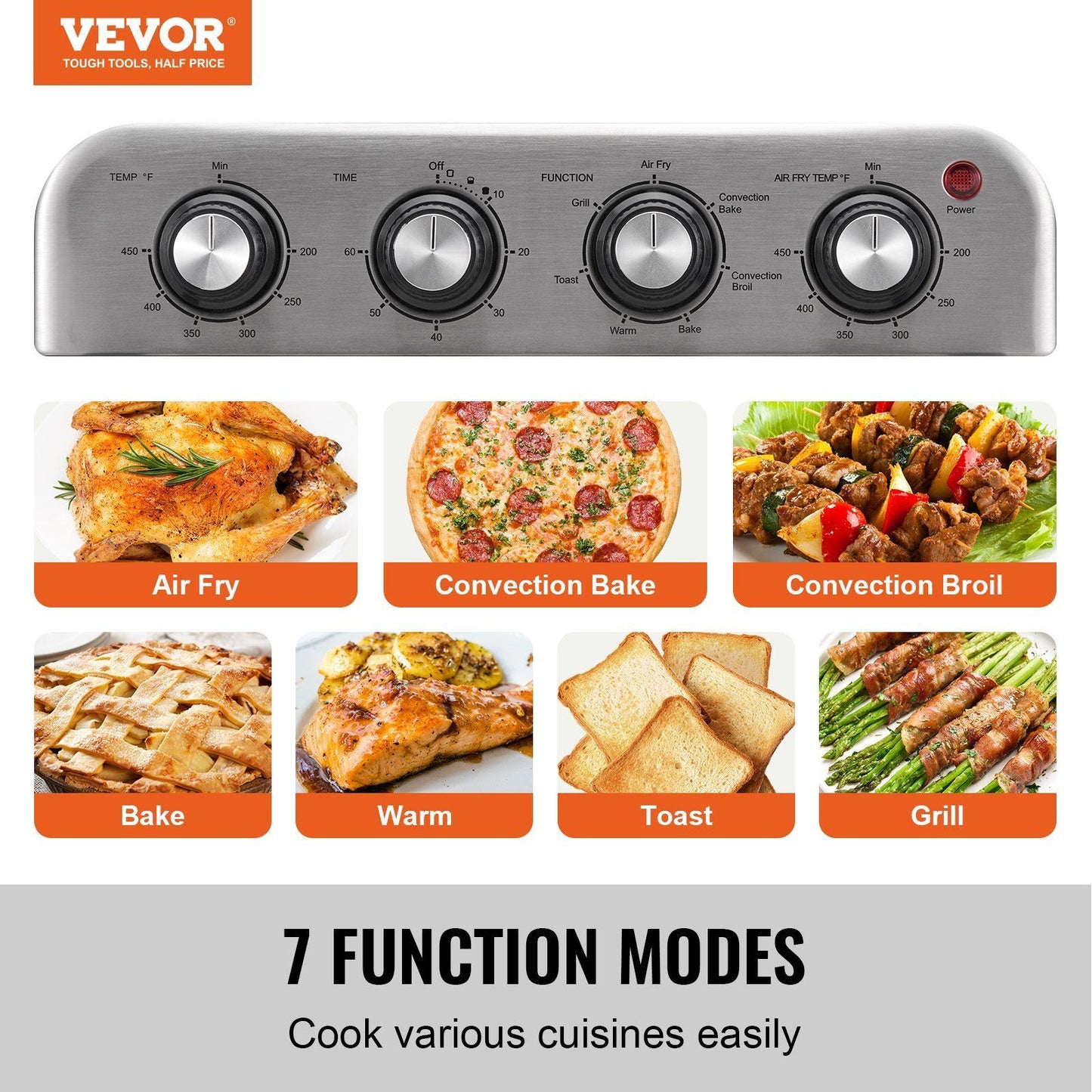 VEVOR 7-IN-1 Air Fryer Toaster Oven - 18L Convection Oven - Stainless Steel Countertop Combo with Grill, Pizza Pan - Home and Commercial Use