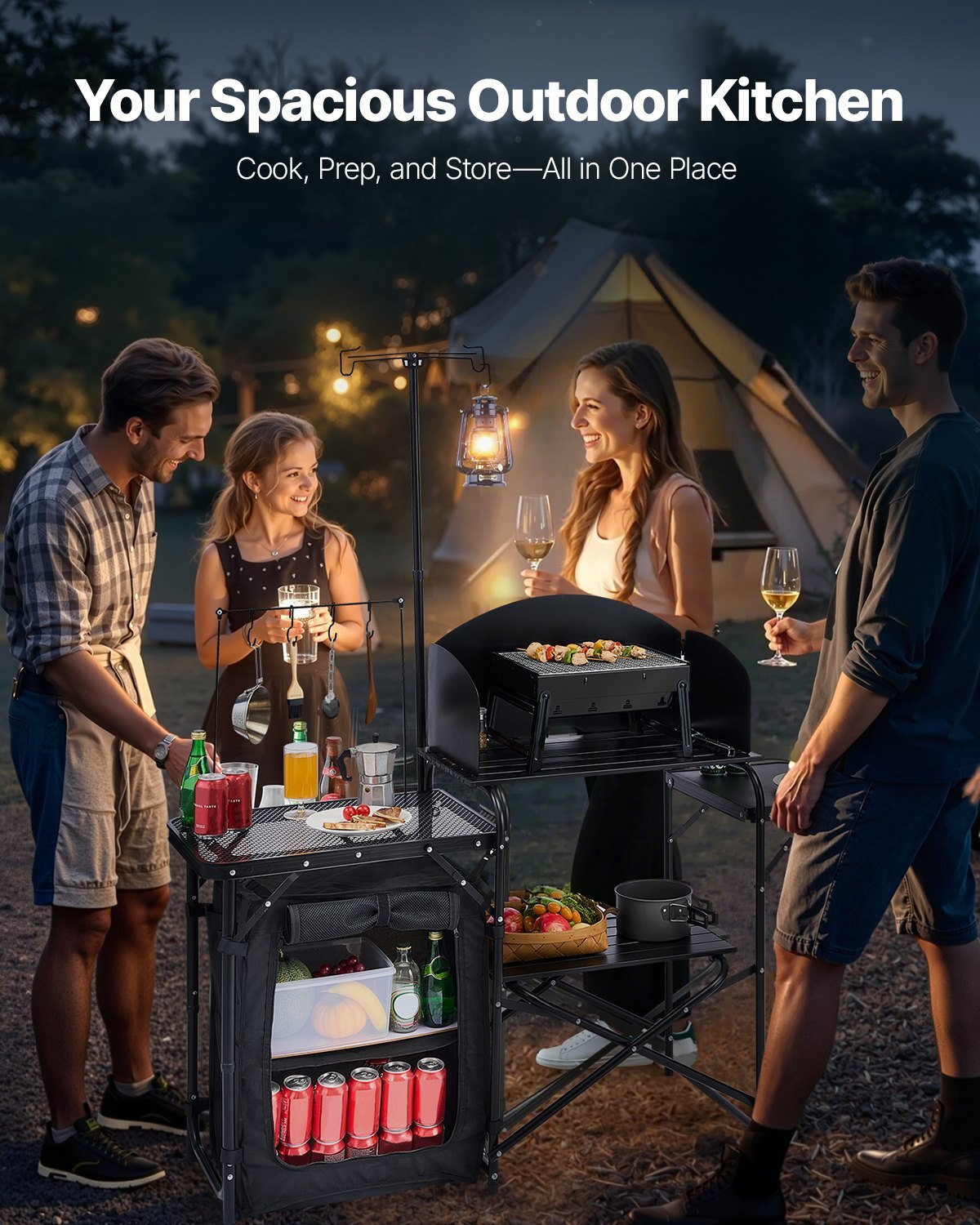 Camping Kitchen Table, Outdoor Camp Cooking Table, Aluminum Portable Cook Station with Storage Cupboard, Carrying Bag, Detachable Windscreen, Quick Set-up for BBQ Party Picnic RV Travel, Black