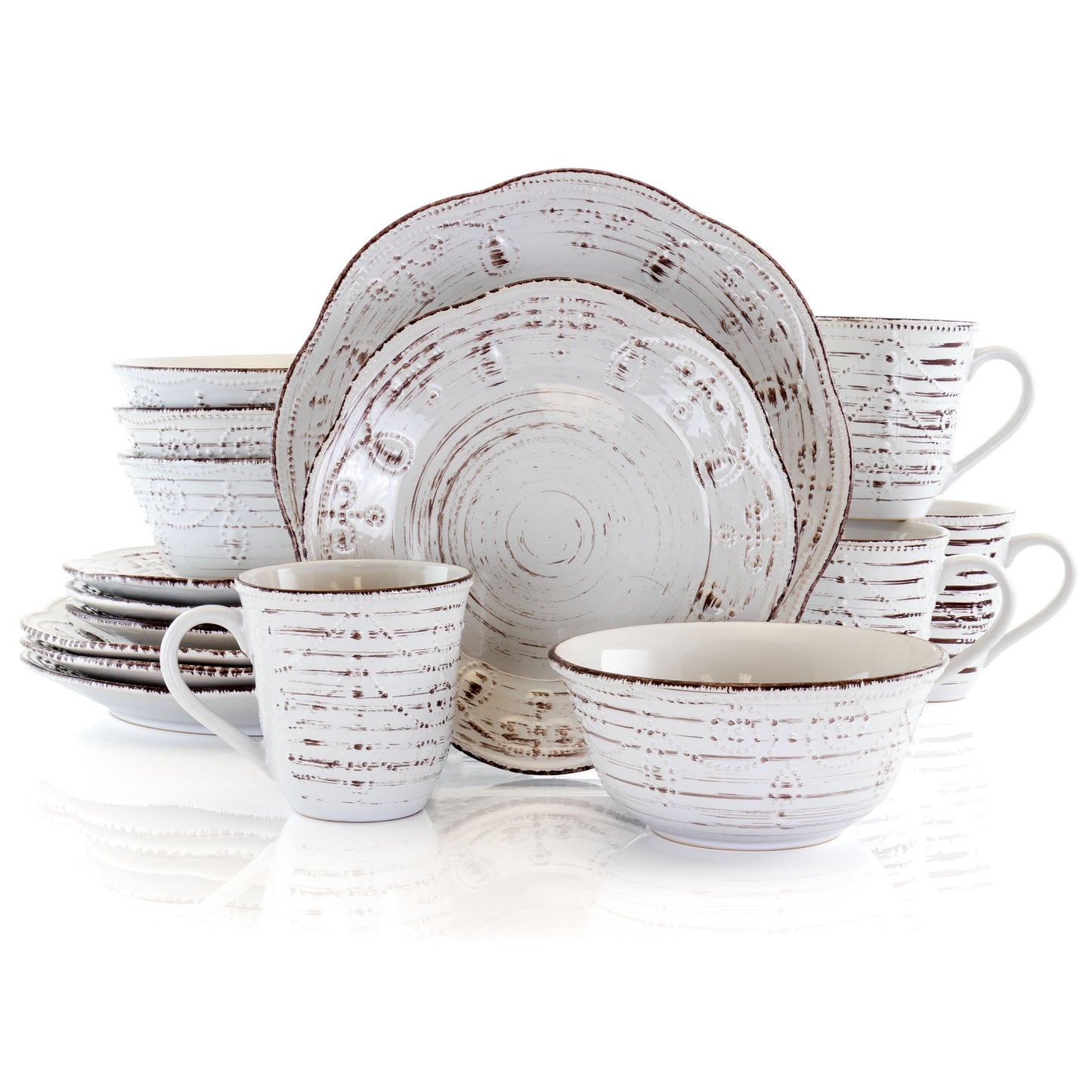 Elama Rustic Birch 16 Piece Stoneware round Dinnerware Set