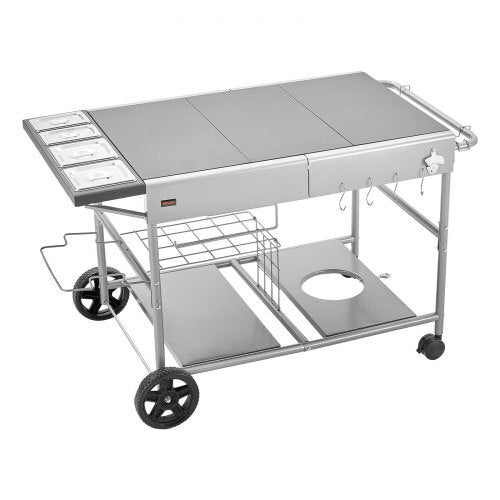 Outdoor Grill Cart, Grilling Table, Movable Outdoor Cooking Table with 4 Spice Containers, Wheels, Lids, Hooks, BBQ Prep Tables for Picnic, Kitchen, Courtyard