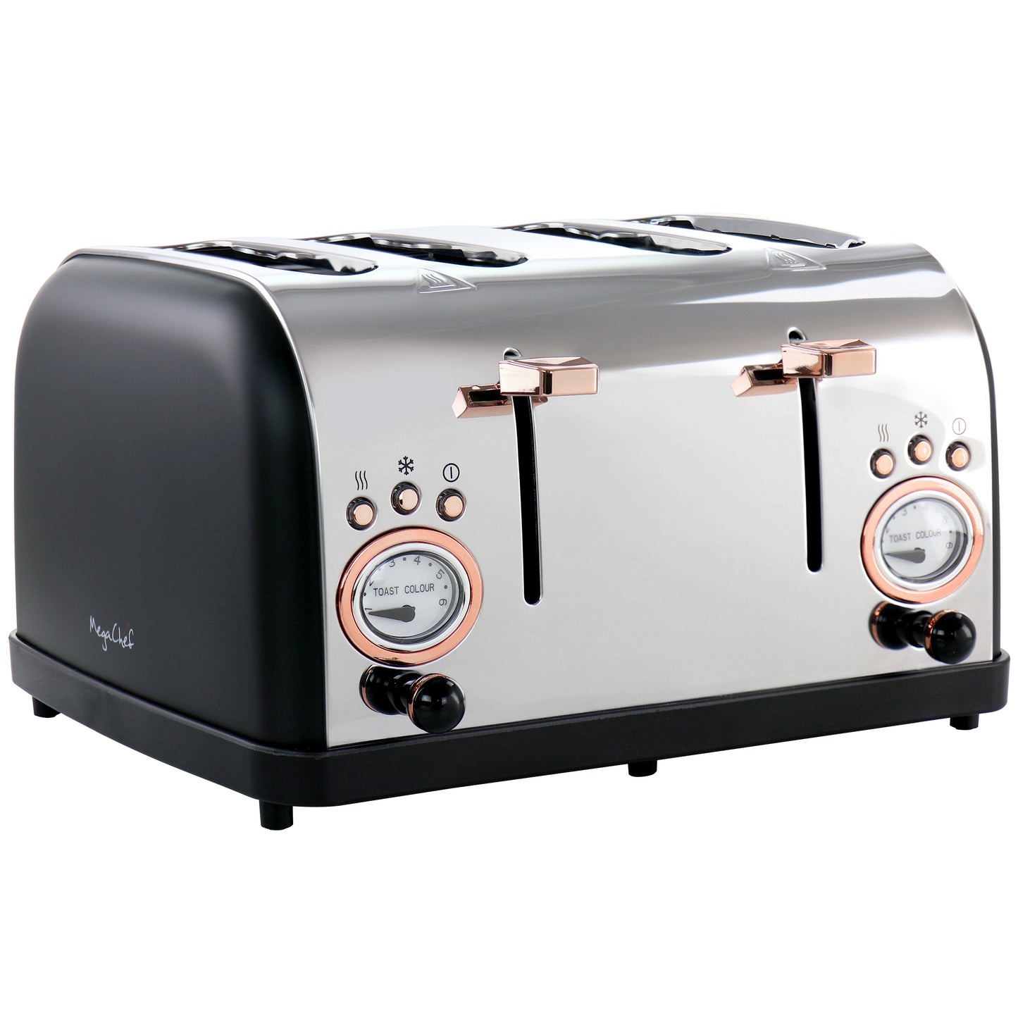 MegaChef 4 Slice Wide Slot Toaster with Variable Browning - Perfect Breakfast Companion in Black and Rose Gold