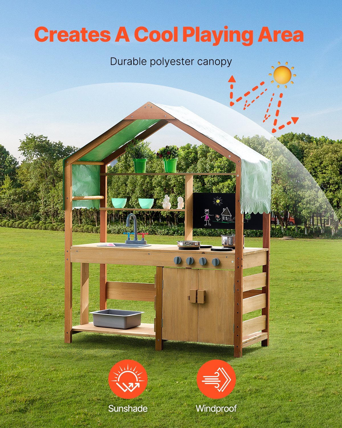 Mud Kitchen for Kids, Wooden Toy Play Kitchen Set with Accessories, Outdoor Toddler Grocery Store Playset, Pretend Play Kitchen with Stoves, Planter Boxes, Sink, Faucet, Blackboard, Cookware Pot