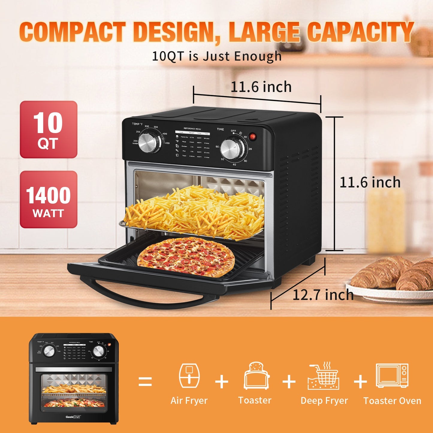 US GEEK CHEF Air Fryer 10QT - Oil-free Stainless Steel Countertop Toaster Oven - Healthy, Powerful, and Easy Cooking - 1400w Black