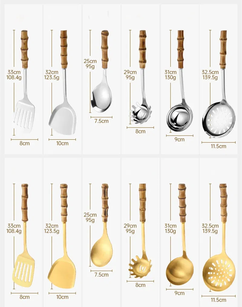 Color: light yellow - Natural bamboo handle stainless steel frying shovel Japanese-style soup spoon Creative new colander shovel kitchen utensils set
