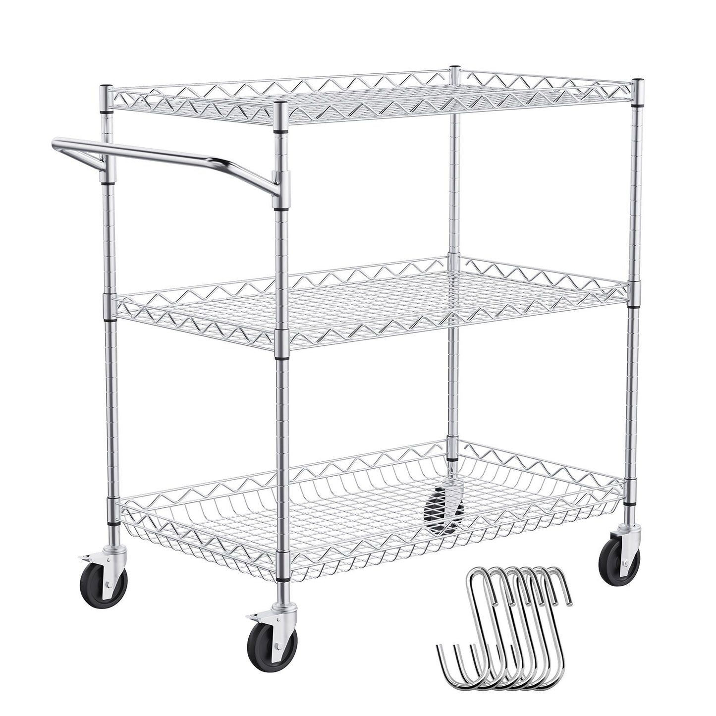 Kitchen Utility Cart, 3 Tiers, Wire Rolling Cart with 661LBS Capacity, Steel Service Cart on Wheels, Metal Storage Trolley with 80mm Deep Basket Curved Handle 6 Hooks, for Indoor and Outdoor Use