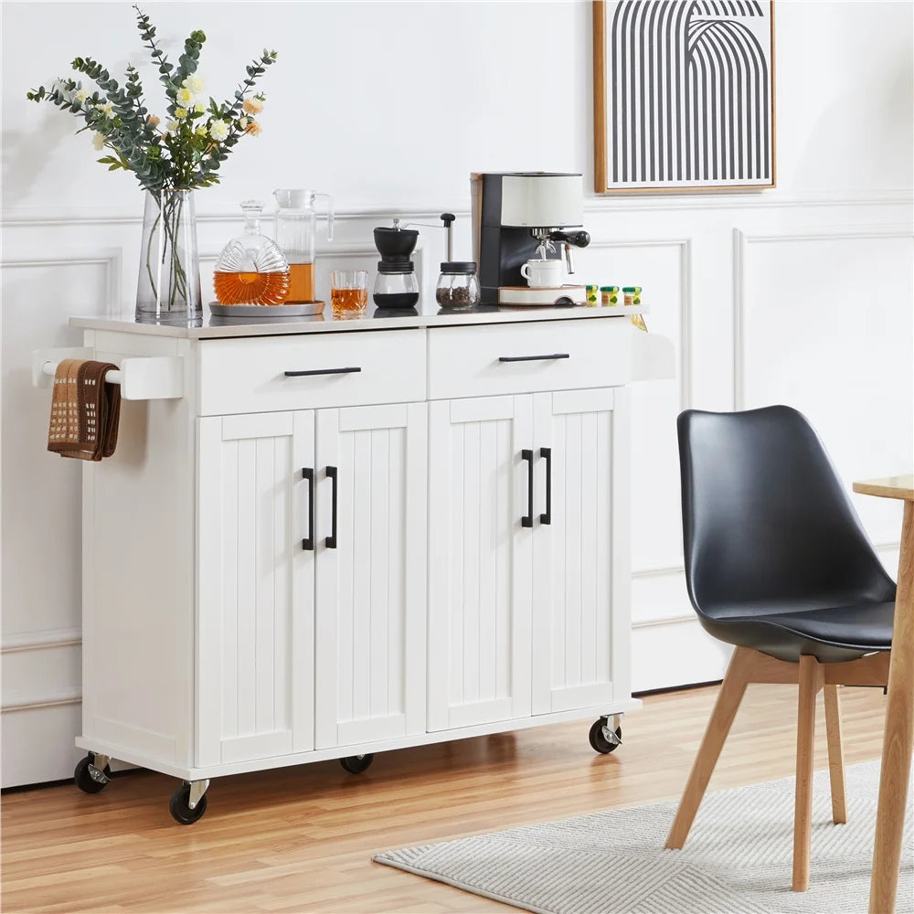 Renwick 42-Inch Mobile Kitchen Island with Storage Drawers and Cabinets in White
