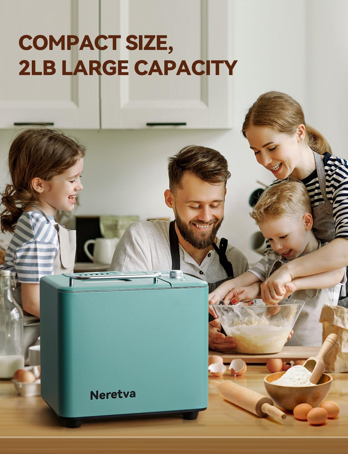 Neretva 20-in-1 Professional Bread Maker with Dual Heater, 2LB Capacity, All-Metal Nonstick Ceramic Pan, Compact Design for Gluten-Free Baking, Dough Preparation, Dried Meat Floss, Jam, and Yogurt - Green