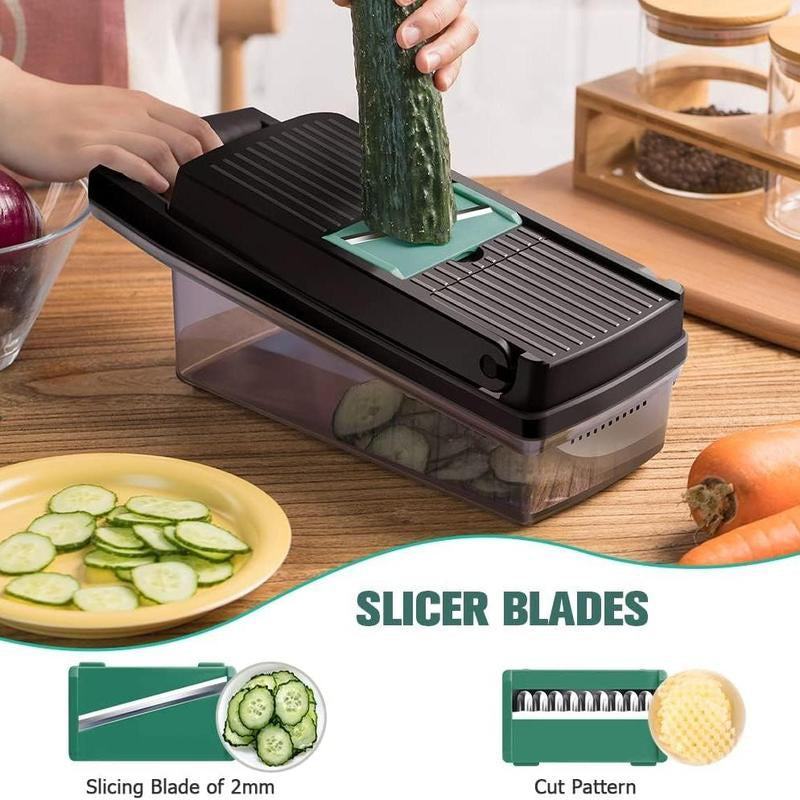 1 Set Vegetable Chopper with Container, Multifunctional 16 in 1 Stainless Steel Manual Vegetable Cutter Slicer for Home Kitchen