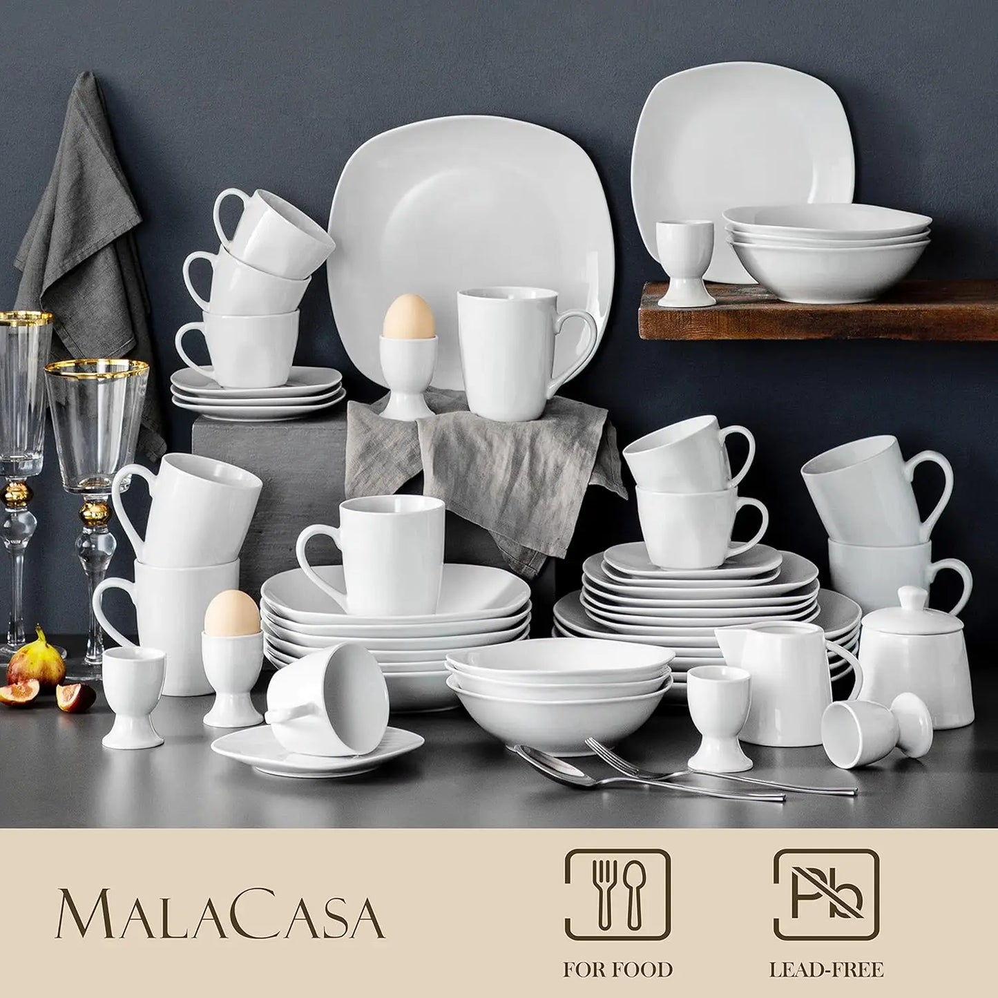 Dinnerware Sets 100-Piece Grey White Dish Set for 12 Square Dinner Set with Plates and Bowls Cups and Saucers Egg Cups Sugar Pot