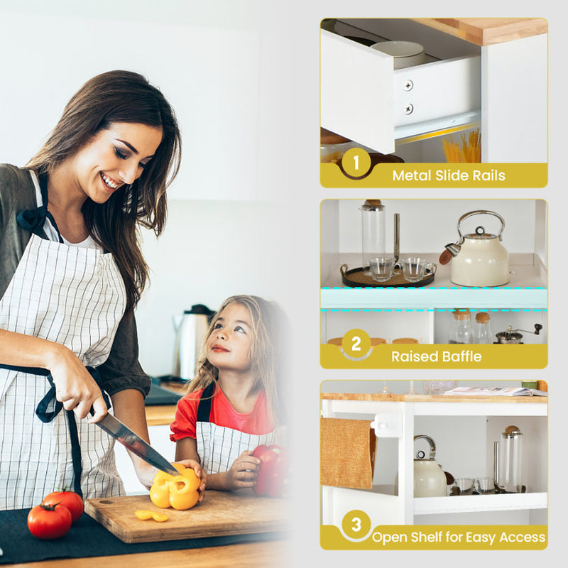 Mobile Kitchen Island Trolley Featuring Open Shelves and Drawer Storage