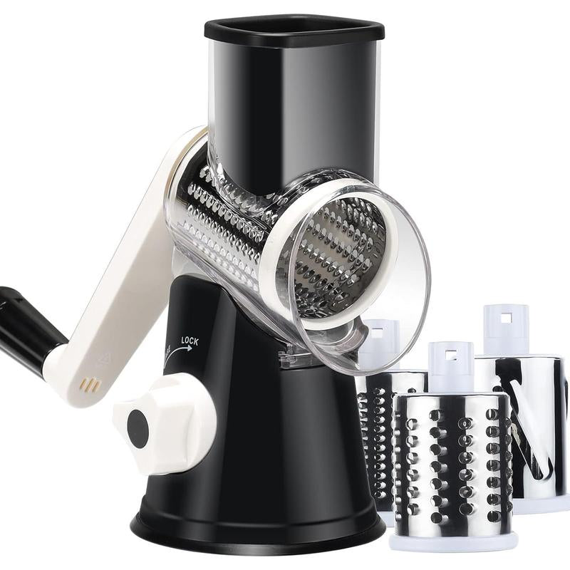 Rotary Cheese Grater with Handle, Manual Speed round Cheese Shredder with Strong Suction Base, Easy to Use Potato Hashbrown Shredder with 3 Replaceable Stainless Steel Drum (Black)