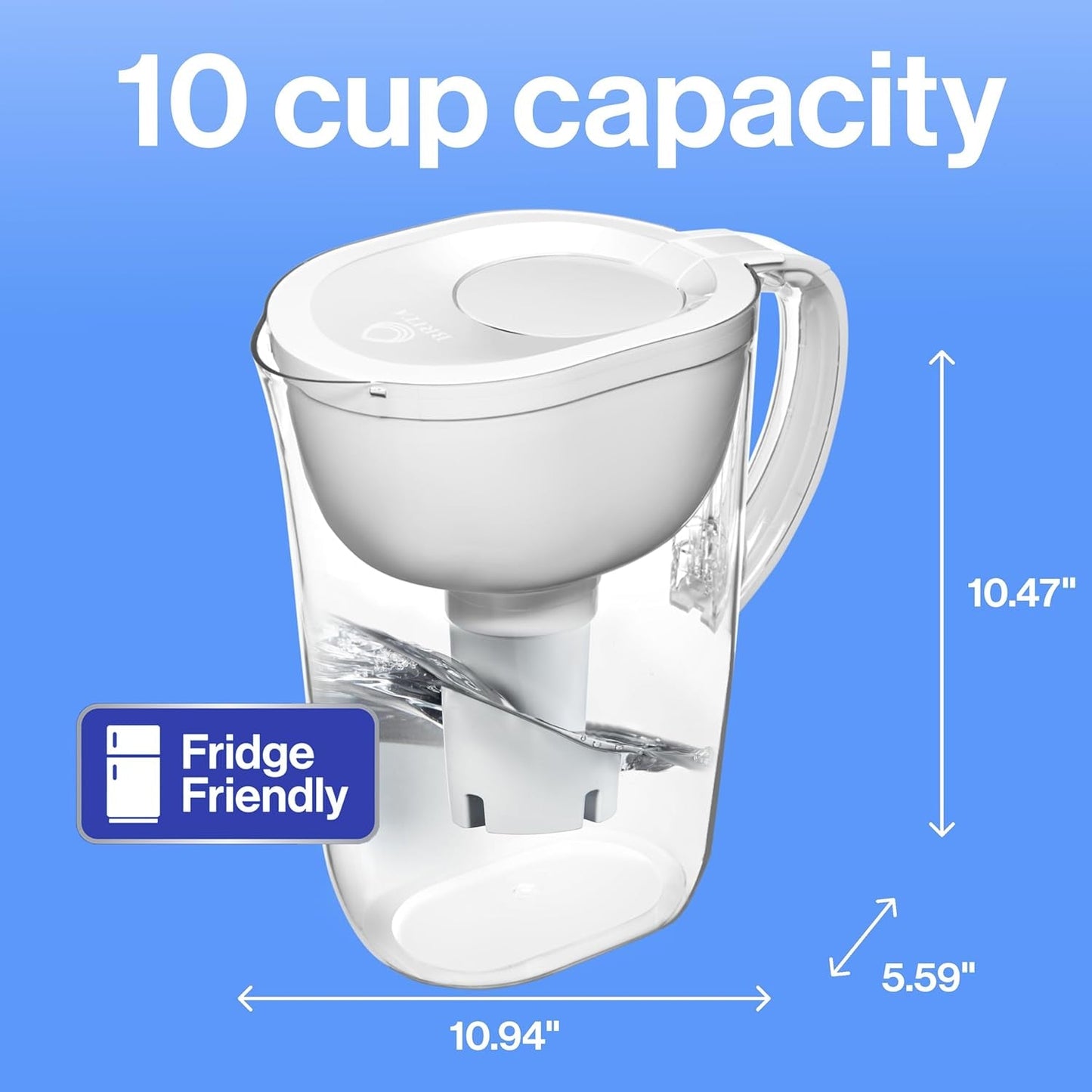 Standard Water Filter Pitcher with Smartlight Filter Change Indicator - BPA-Free, 10-Cup Capacity, Reduces Harmful Impurities