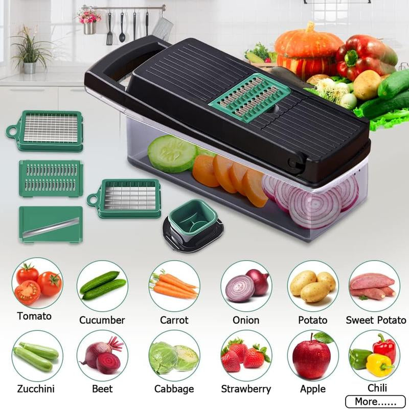 1 Set Vegetable Chopper with Container, Multifunctional 16 in 1 Stainless Steel Manual Vegetable Cutter Slicer for Home Kitchen