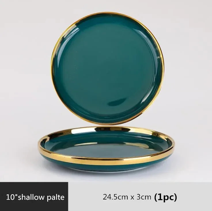 Gilt Rim Green Ceramic Plate Steak Food Plates Bowls Ins Dinner Dish Luxurious Porcelain Dinnerware Set for Family Hotel