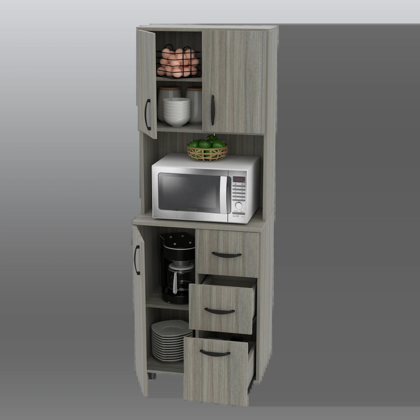 INVAL 3-Drawer 4-Shelf Kitchen/Microwave Storage Cabinet in Gray Smoke Oak