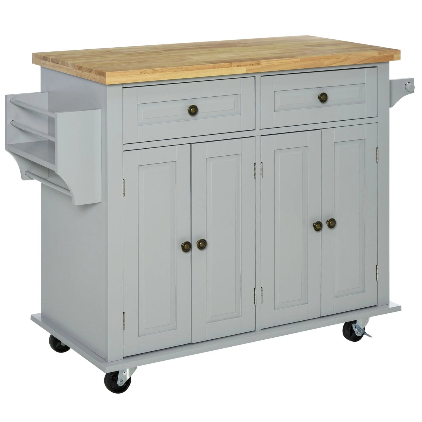 HOMCOM Rolling Kitchen Island Cart with Rubber Wood Top, Spice Rack, Towel Rack & Drawers for Dining Room, Grey