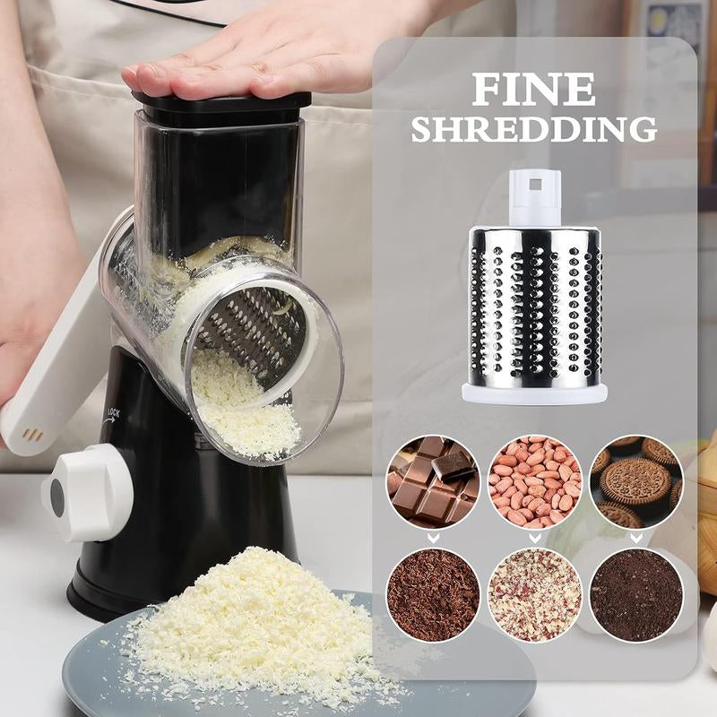 Rotary Cheese Grater with Handle, Manual Speed round Cheese Shredder with Strong Suction Base, Easy to Use Potato Hashbrown Shredder with 3 Replaceable Stainless Steel Drum (Black)