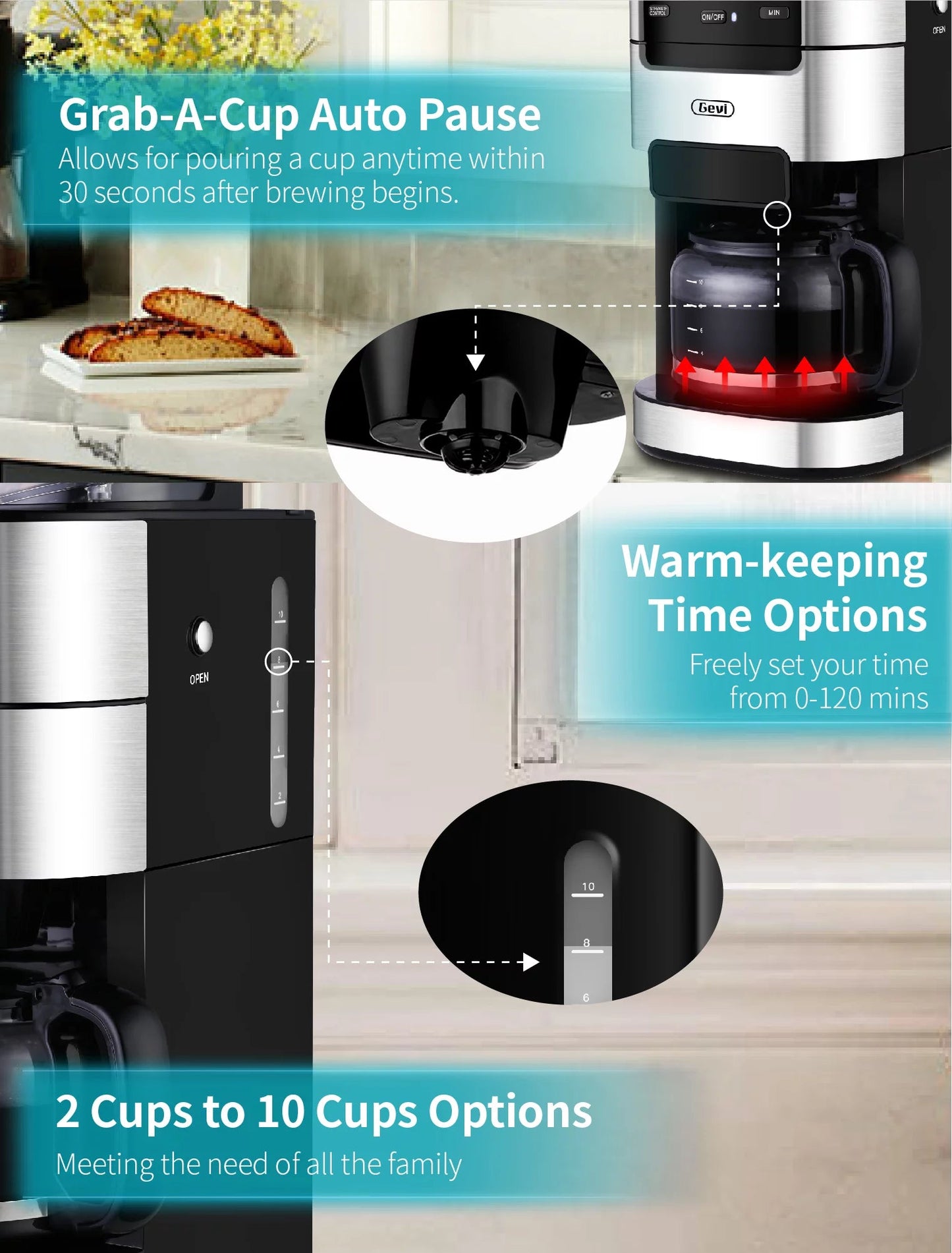 GEVI 10-Cup Programmable Coffee Maker with Built-In Burr Grinder and Drip Brewing System