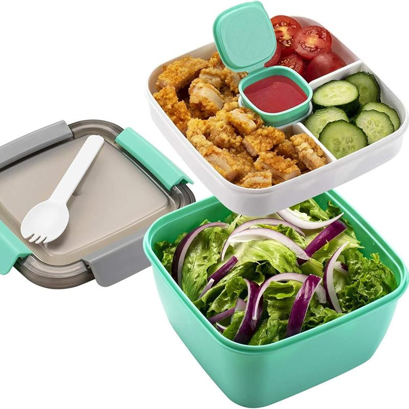 Household Essentials Portable 2 Layer Compartment Lunch Box with Fork, All-In-One Lunch Containers with 3 Compartments & Sauce Container, Lunch Storage Container, Kitchen Accessories, Kitchen Gadgets, Summer for Gift