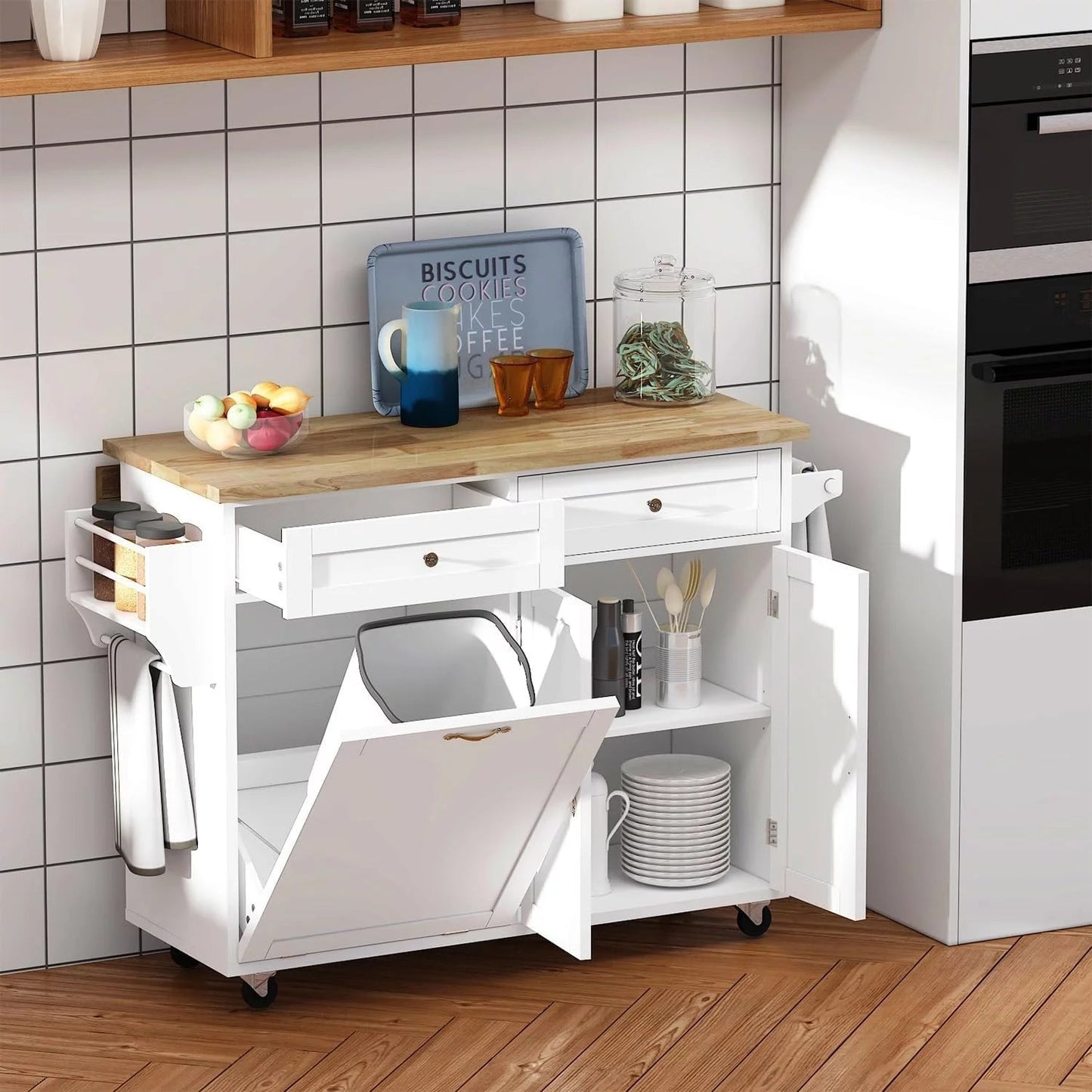 ANPOO Rolling Kitchen Island with Drop Leaf, Tilt Out Kitchen Trash Cabinet 10 Gallon Storage, Kitchen Cart Island with Rubber Wood Top, Spice Rack and Drawers(White)