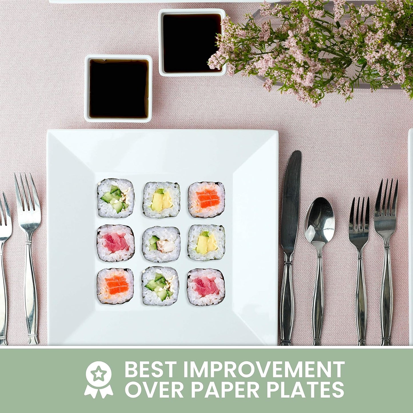 4-Pack of 10" x 10" White Square Melamine Plates - Durable and Elegant Dinnerware Set with Sauce Dish