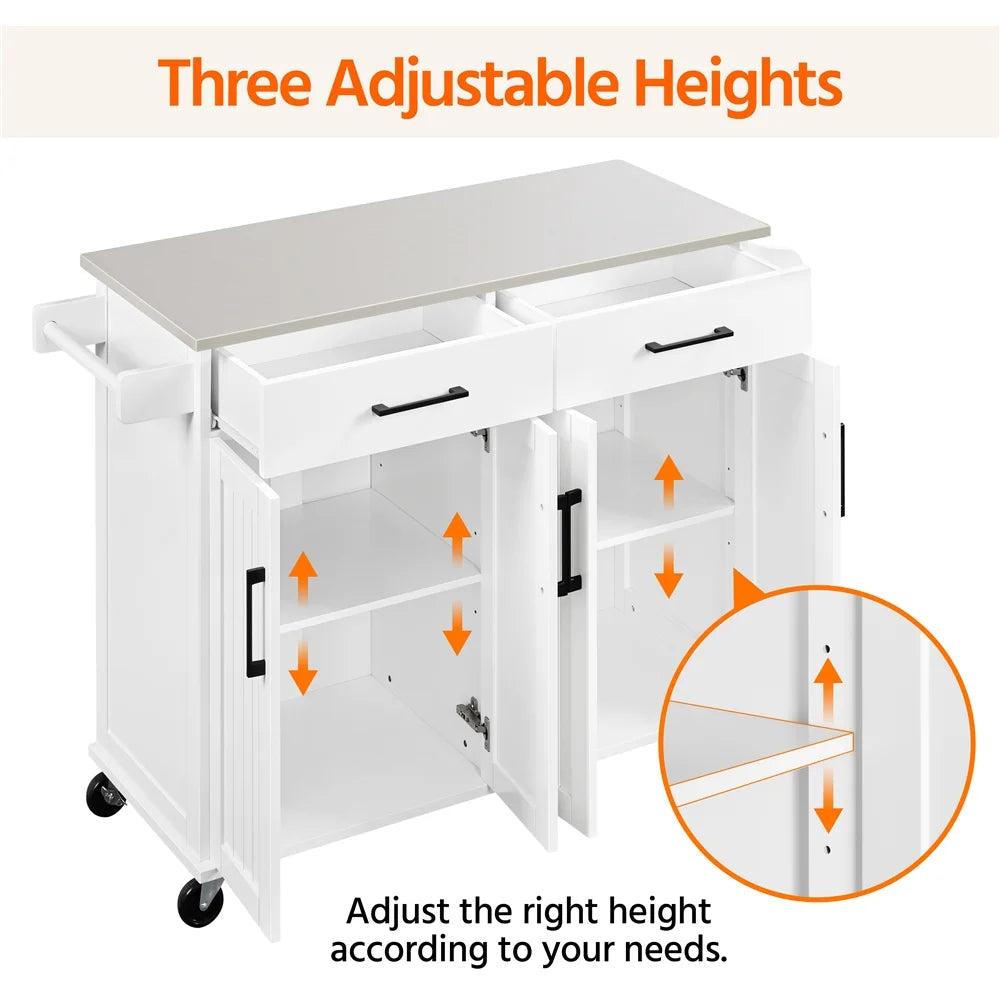 Renwick 42-Inch Mobile Kitchen Island with Storage Drawers and Cabinets in White