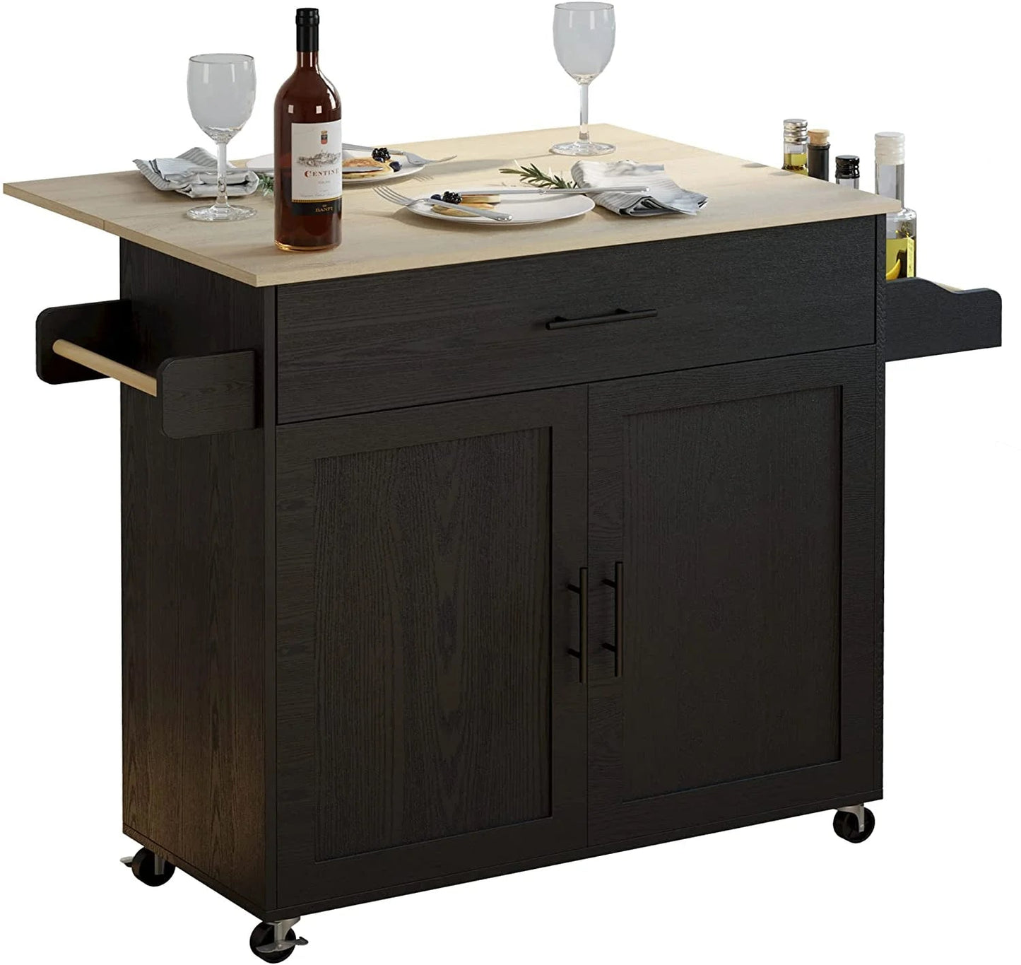 IRONCK Mobile Kitchen Island Cart with Storage Cabinet, Drawer, and 3 Spice Racks in Black