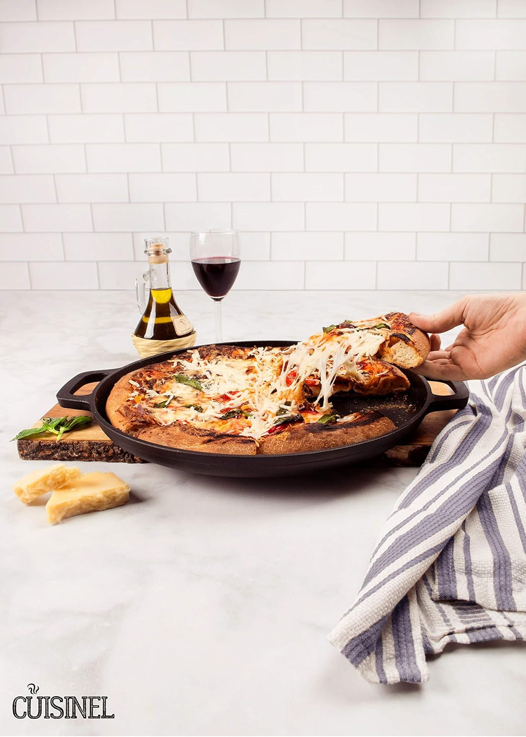 Cuisinel Pre-Seasoned 13.5 Inch Cast Iron Pizza and Baking Pan - Superior Heat Retention and Distribution for Stove, Oven, Grill, or Campfire Use
