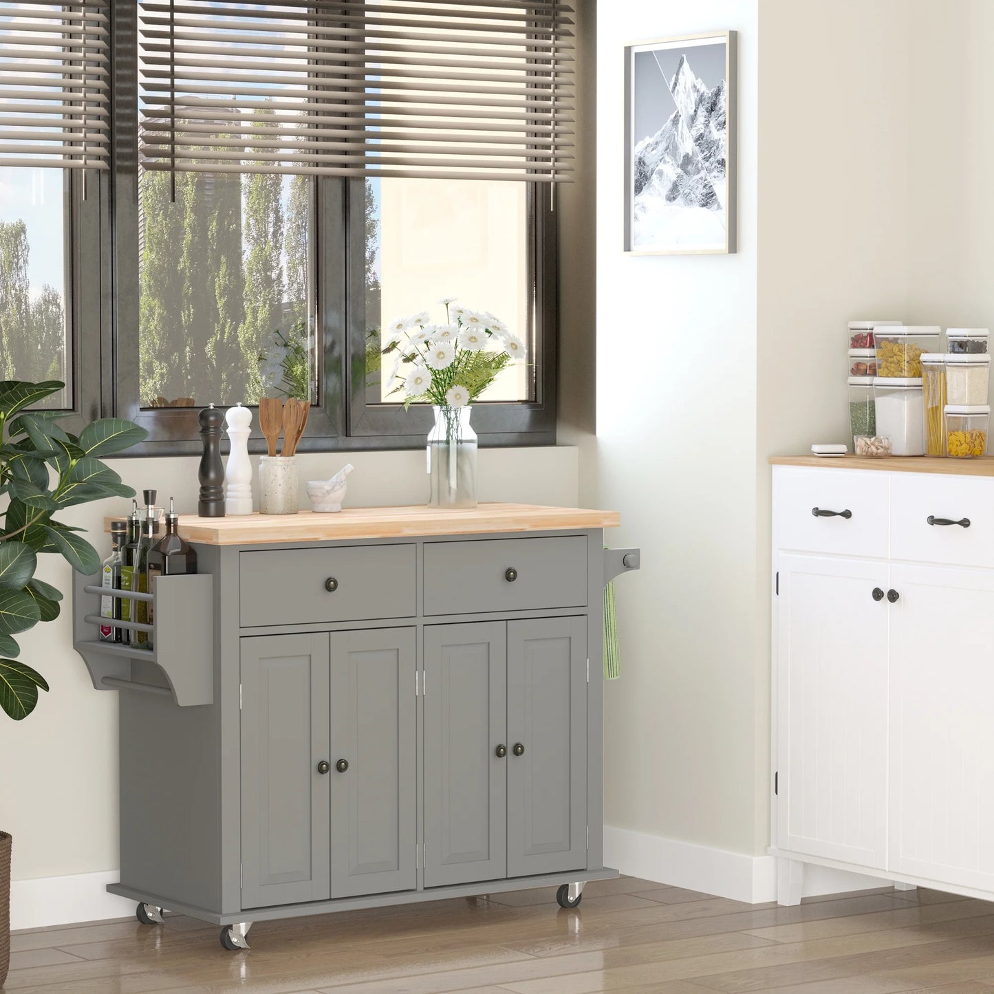 HOMCOM Rolling Kitchen Island Cart with Rubber Wood Top, Spice Rack, Towel Rack & Drawers for Dining Room, Grey