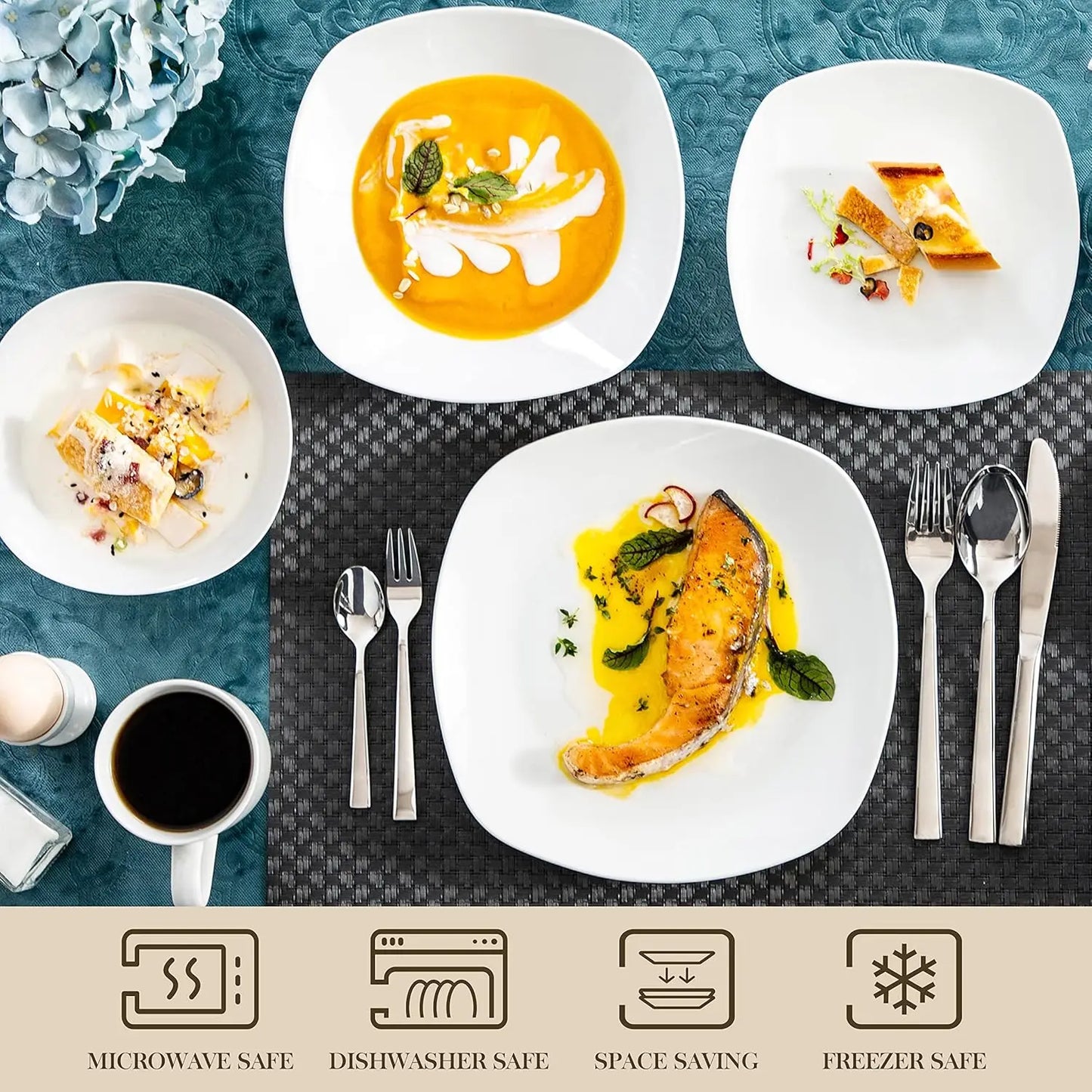 Dinnerware Sets 100-Piece Grey White Dish Set for 12 Square Dinner Set with Plates and Bowls Cups and Saucers Egg Cups Sugar Pot