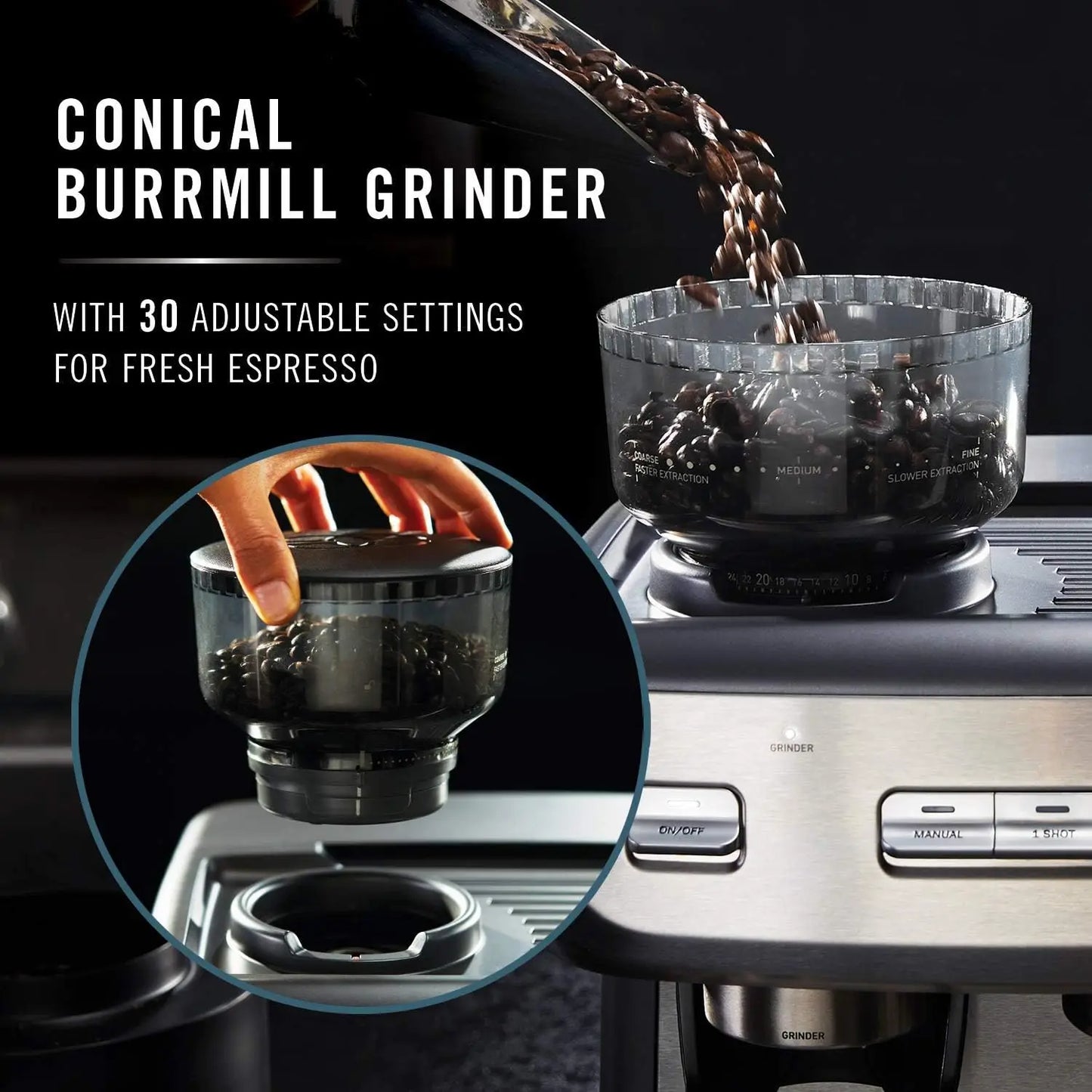 Espresso Machine with Coffee Grinder, Tamper, Milk Frothing Pitcher, and Steam Wand, Temp iQ 15 Bar Pump, Stainless St