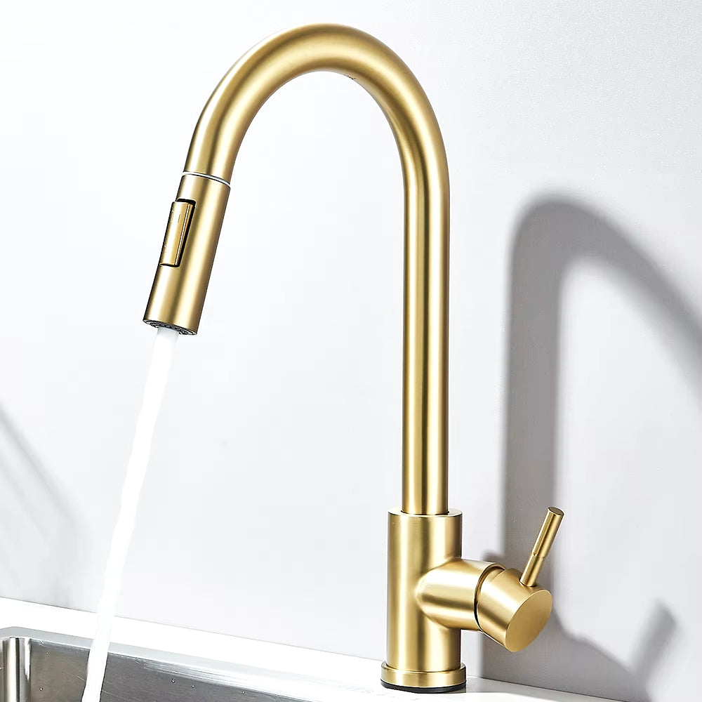 Brushed Gold Kitchen Faucet Pull Out Kitchen Sink Water Tap Single Handle Mixer Tap 360 Rotation Kitchen Shower Faucet