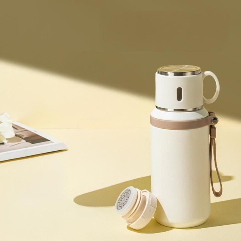 Stainless Steel Vacuum Flask, 1 Count Tea Separation Insulated Bottle with Cup Lid & Rope, Drinking Cup for Outdoor, Cycling, Hiking, Office