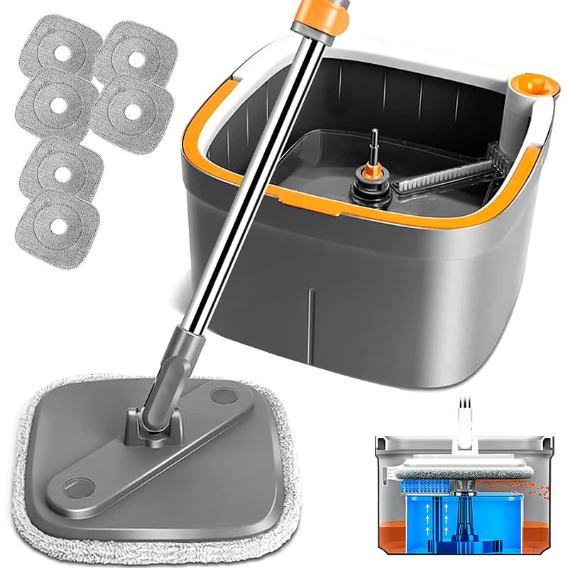 Spinning Mop and Bucket Set with Self-Separating Dirty Water & Clean Water System, Self-Drying 360° Spin Square Mop Head Wardwood Tile Marble Floors,Cleaning Mop after the Party,Adjustable Hand Tool,Family House Mom Home